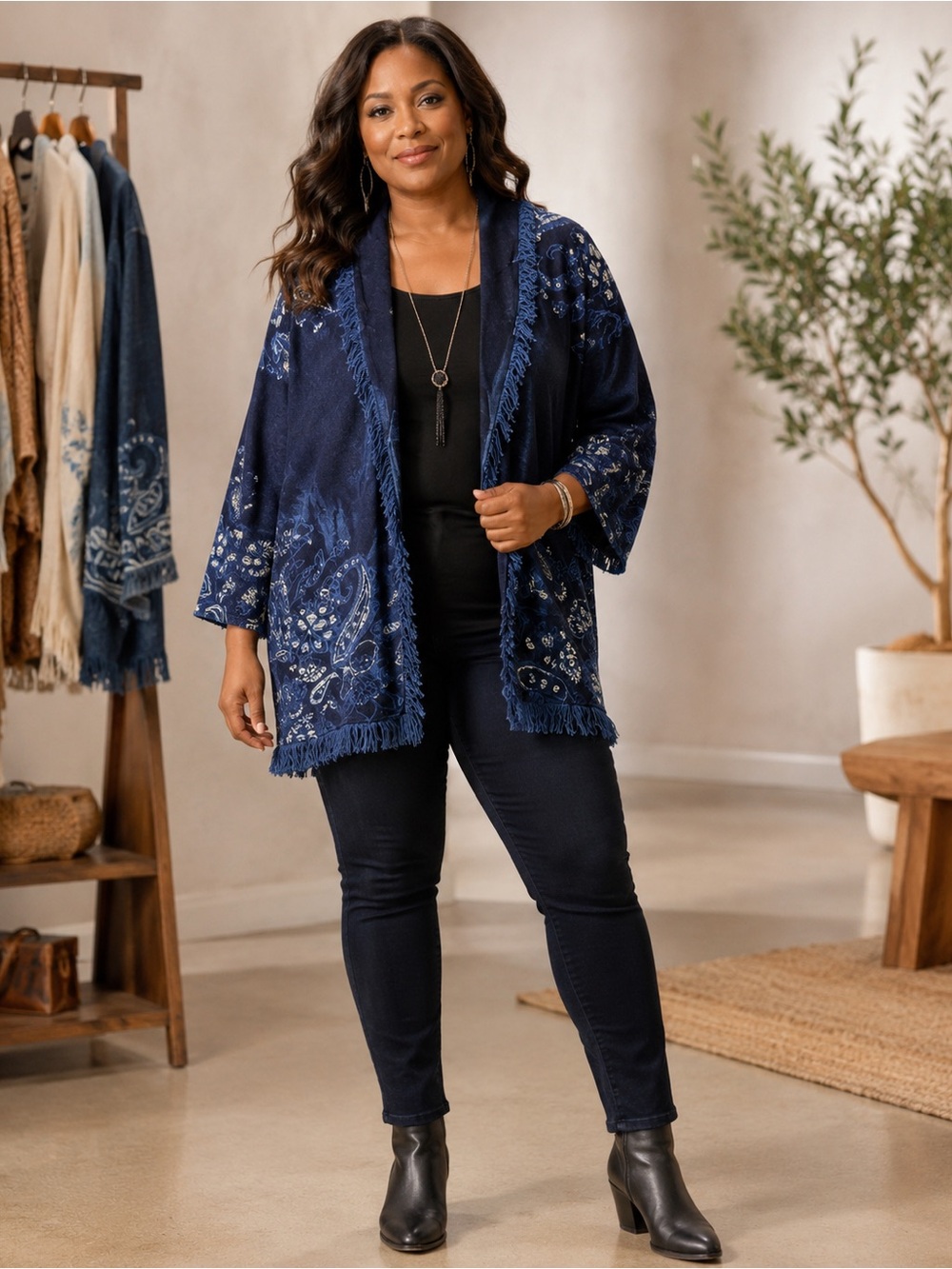 Chico's Western Boho Navy Blue Paisley Fringed Open-Front Shrug Size XL